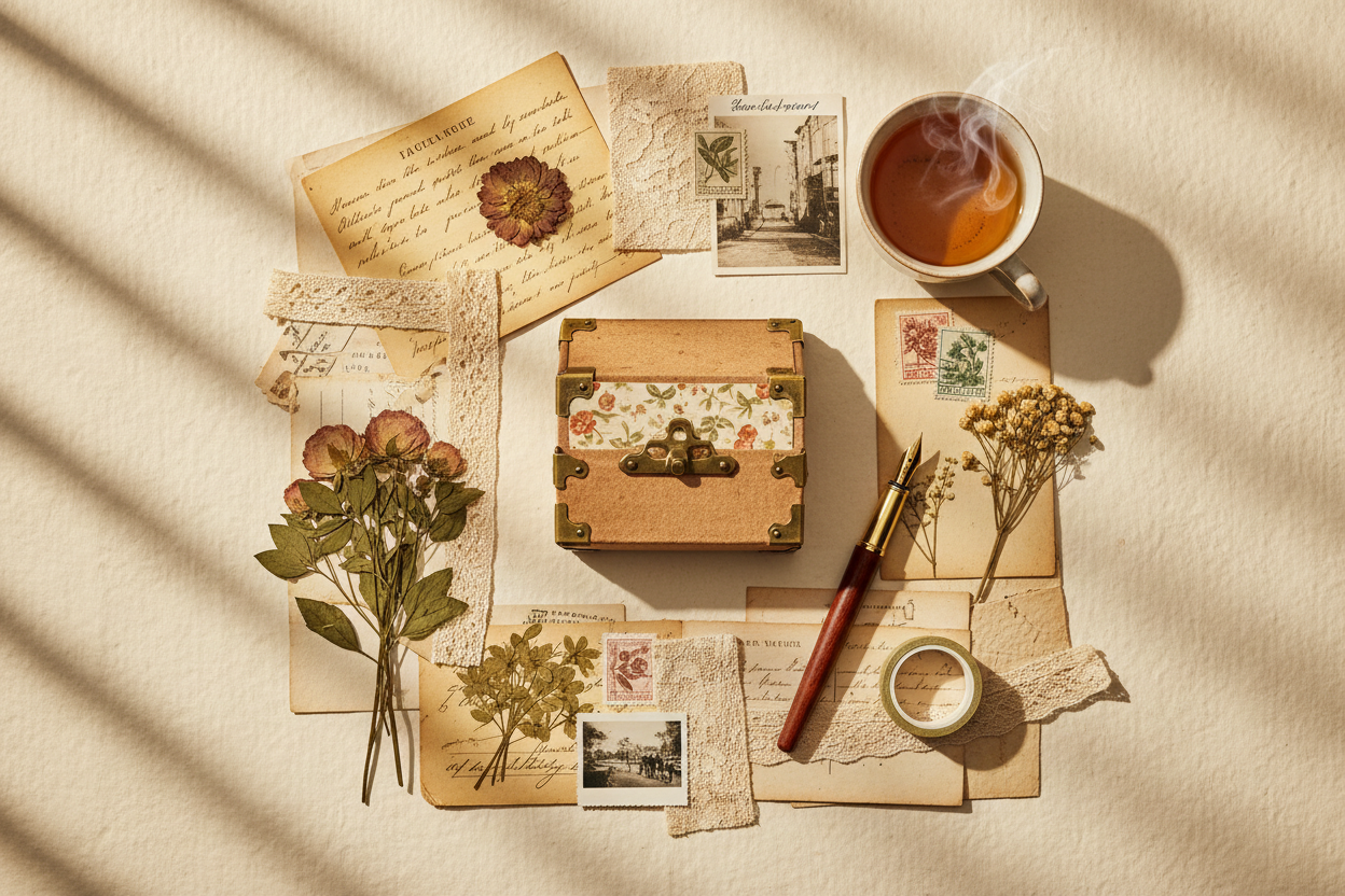 A beautifully arranged flat lay of vintage scrapbooking and mystery box items on a textured, creamy beige paper background. The scene includes an open vintage-style cardboard blind box, scattered antique paper ephemera, delicate dried flowers, a classic fountain pen, a roll of washi tape with floral patterns, and a cup of tea. Warm, soft lighting from the side creates gentle shadows. The color palette is muted with sepia tones, cream, olive green, and rust. Style of vintage collage, warm and nostalgic atmos